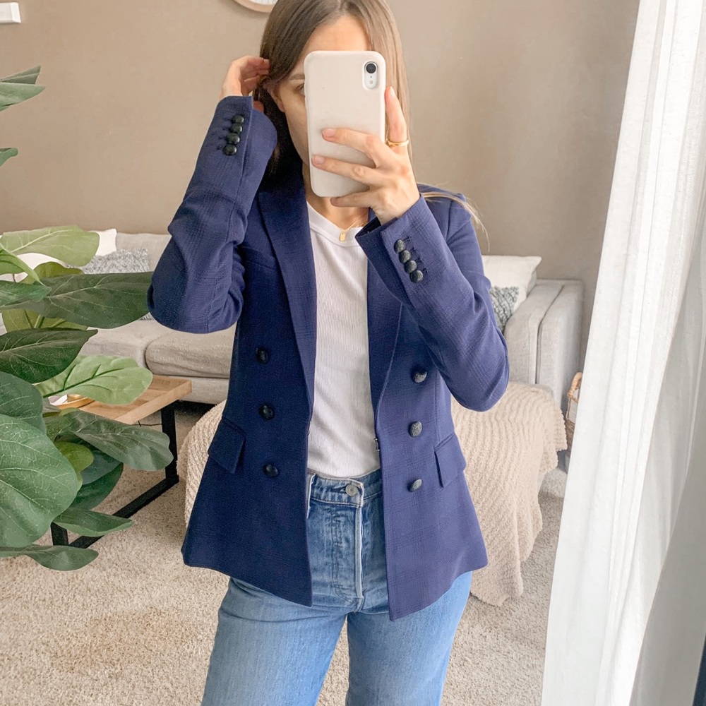 Veronica Beard Navy Textured Double-Breasted Blazer